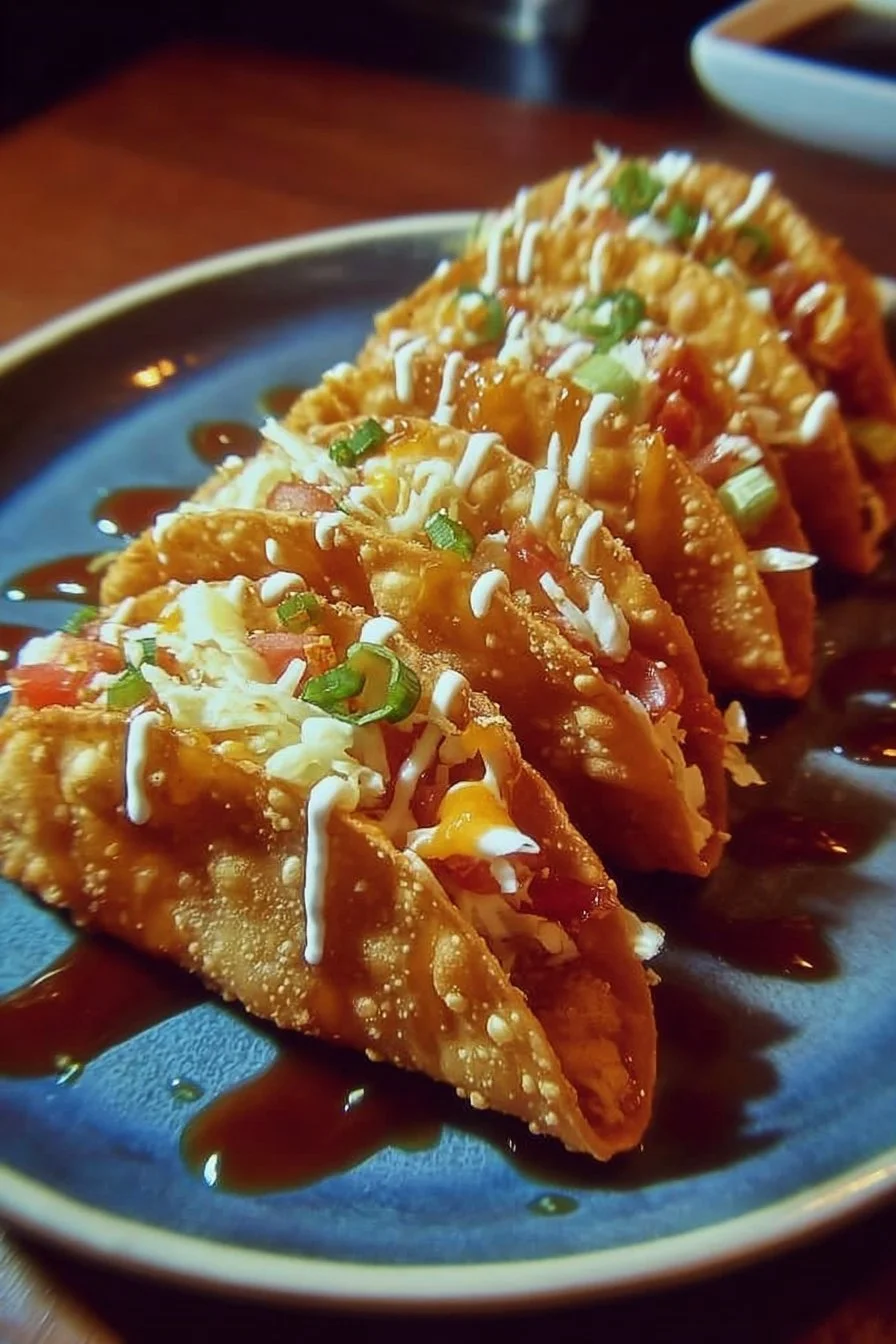 Plate of Applebee's Chicken Wonton Tacos served with dipping sauce
