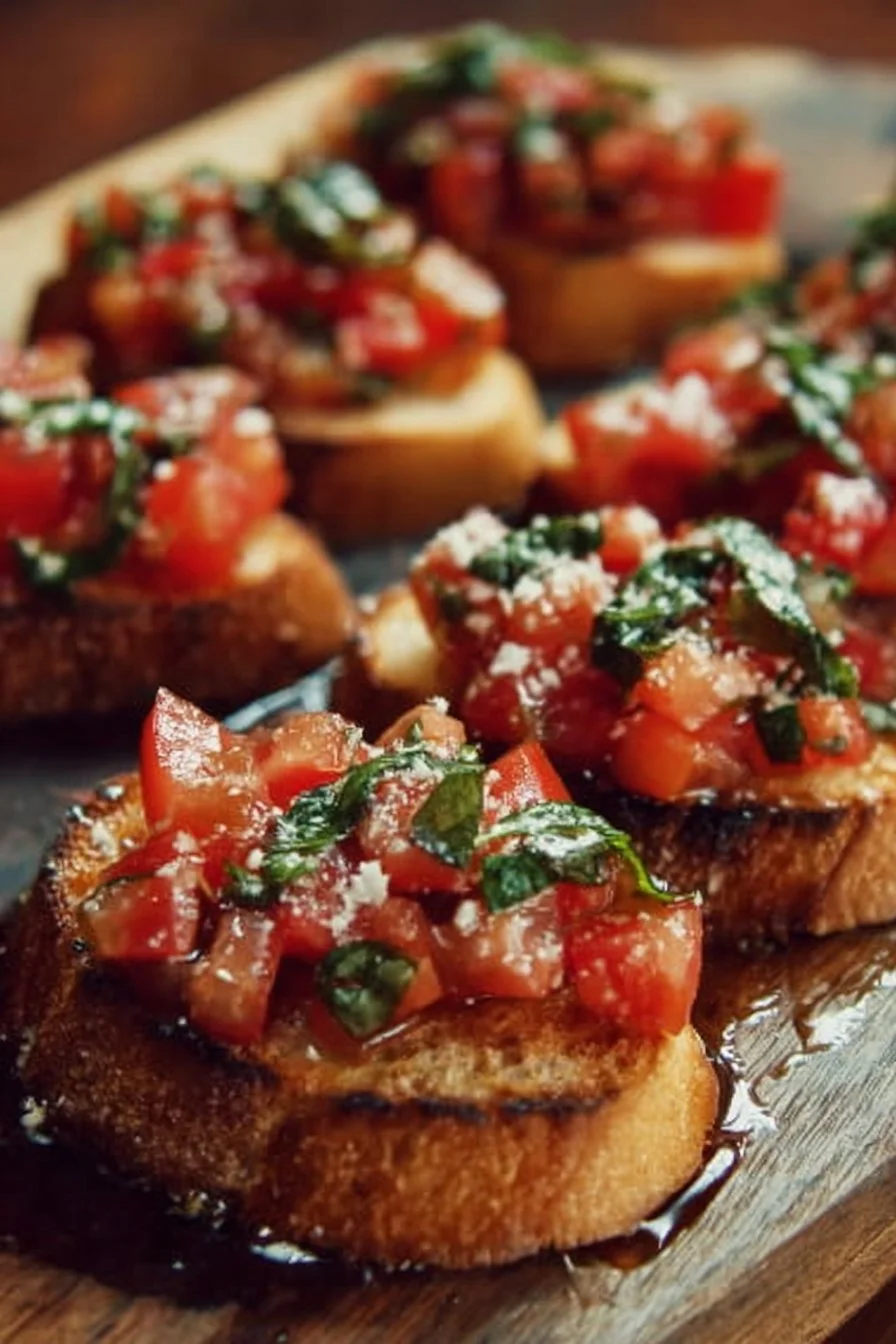 Delicious authentic Italian bruschetta topped with fresh tomatoes and basil.