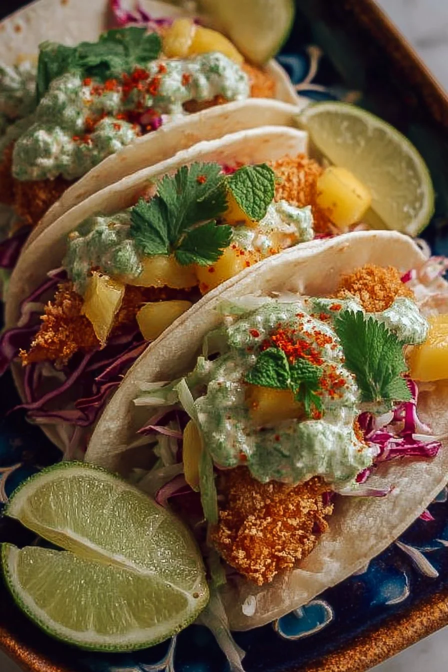 Baked Panko Fish Tacos garnished with fresh cilantro and lime