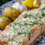 Baked salmon filets topped with creamy garlic mayo sauce