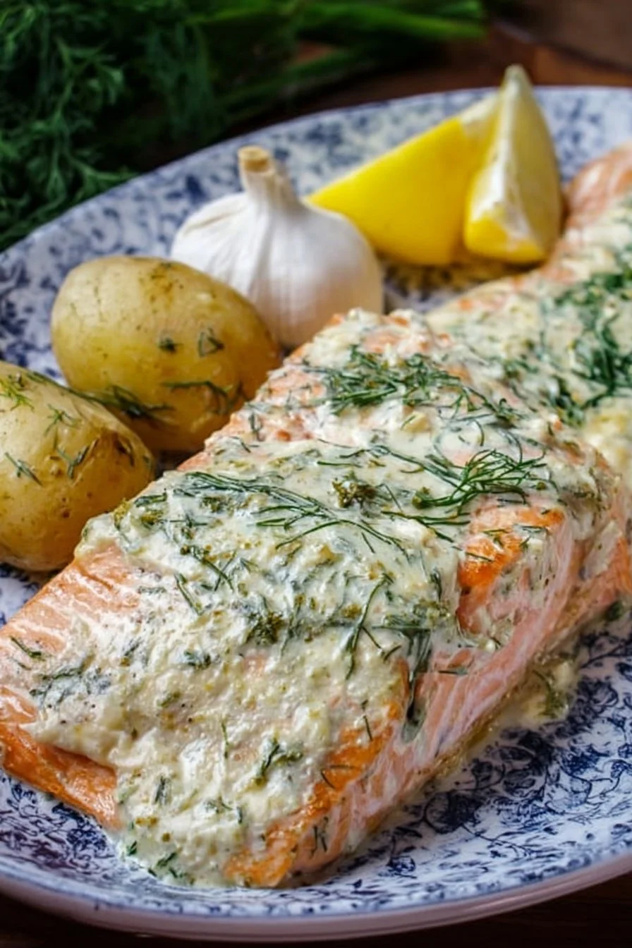 Baked salmon filets topped with creamy garlic mayo sauce