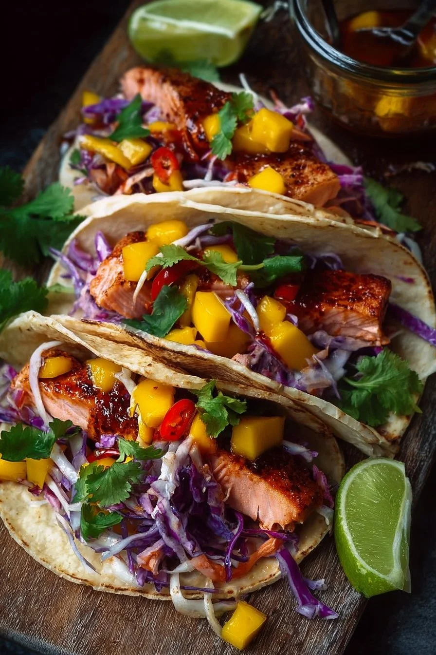 BBQ salmon tacos with vibrant mango slaw on a plate