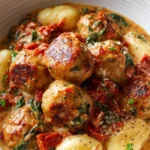 Delicious slow cooker chicken meatballs in a savory sauce ready for dinner.