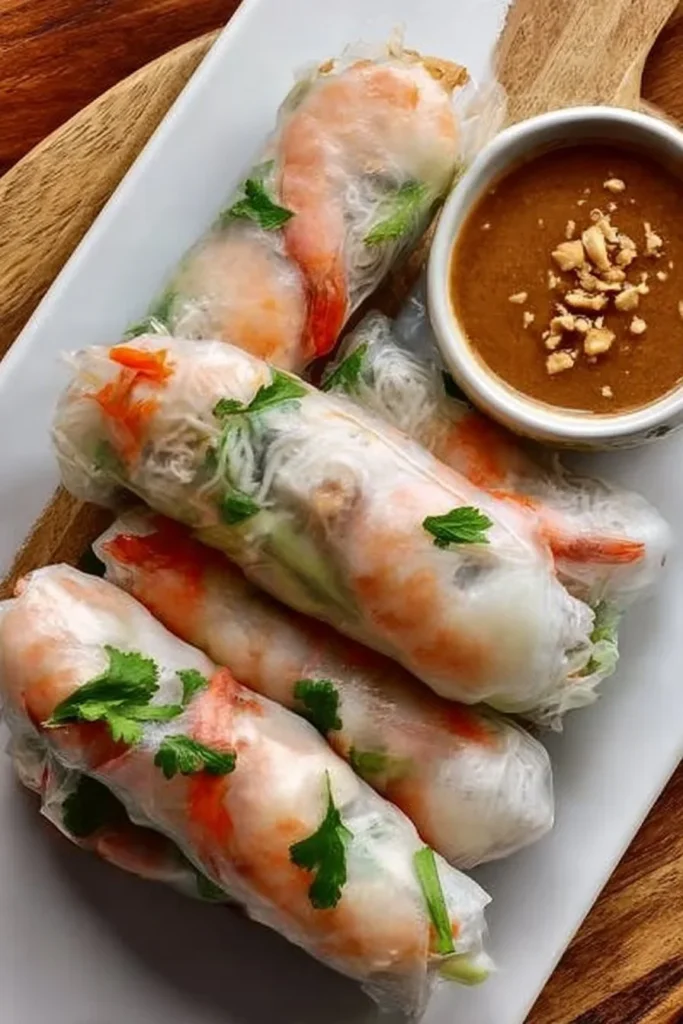 Assorted spring rolls with dipping sauces on a plate