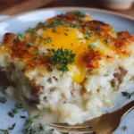 Delicious Biscuits and Gravy Hashbrown Breakfast Casserole served in a dish.