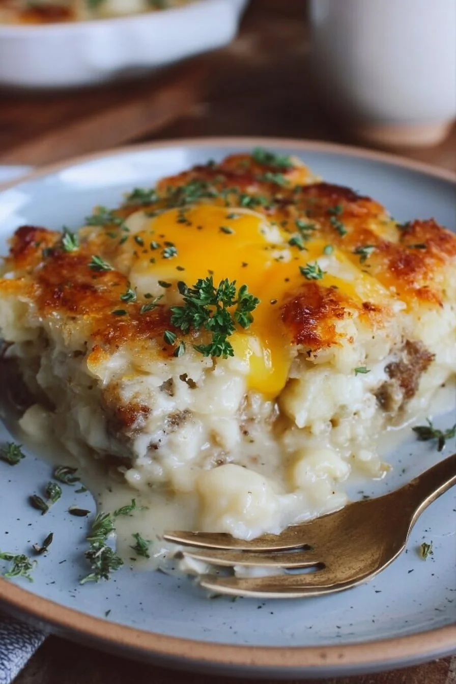 Delicious Biscuits and Gravy Hashbrown Breakfast Casserole served in a dish.