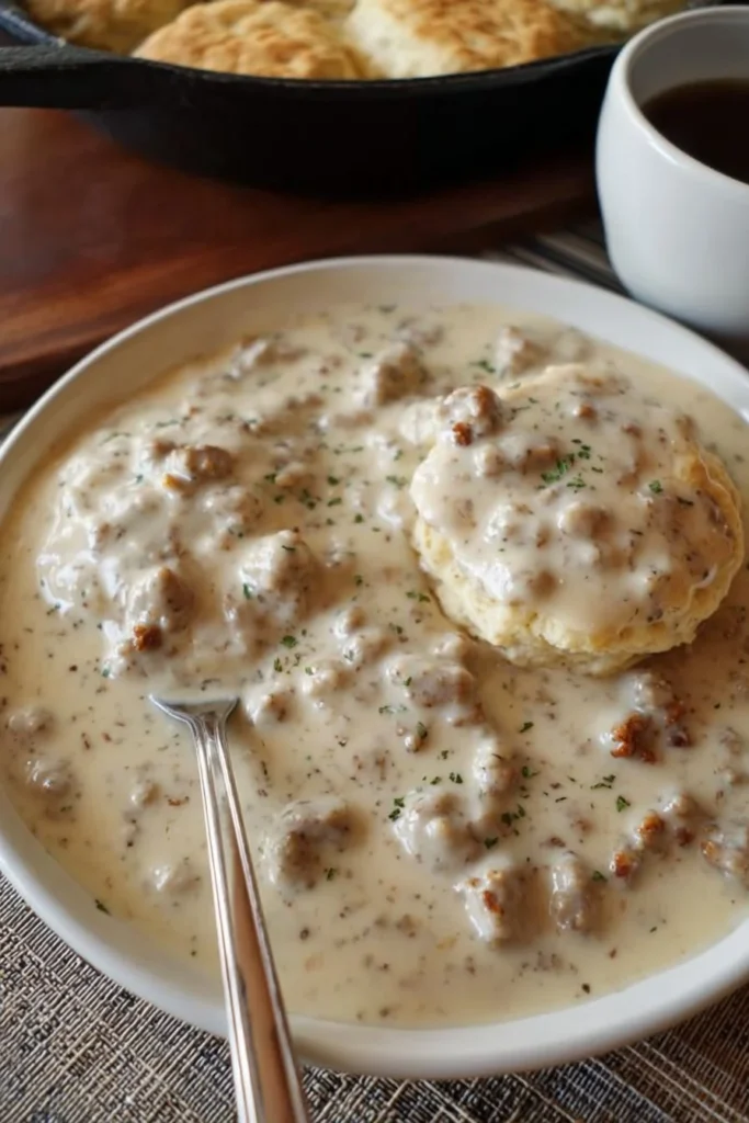 Delicious homemade biscuits and gravy served on a plate
