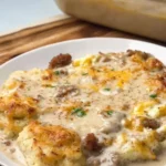 Delicious breakfast casserole with biscuits, gravy, eggs, and sausage