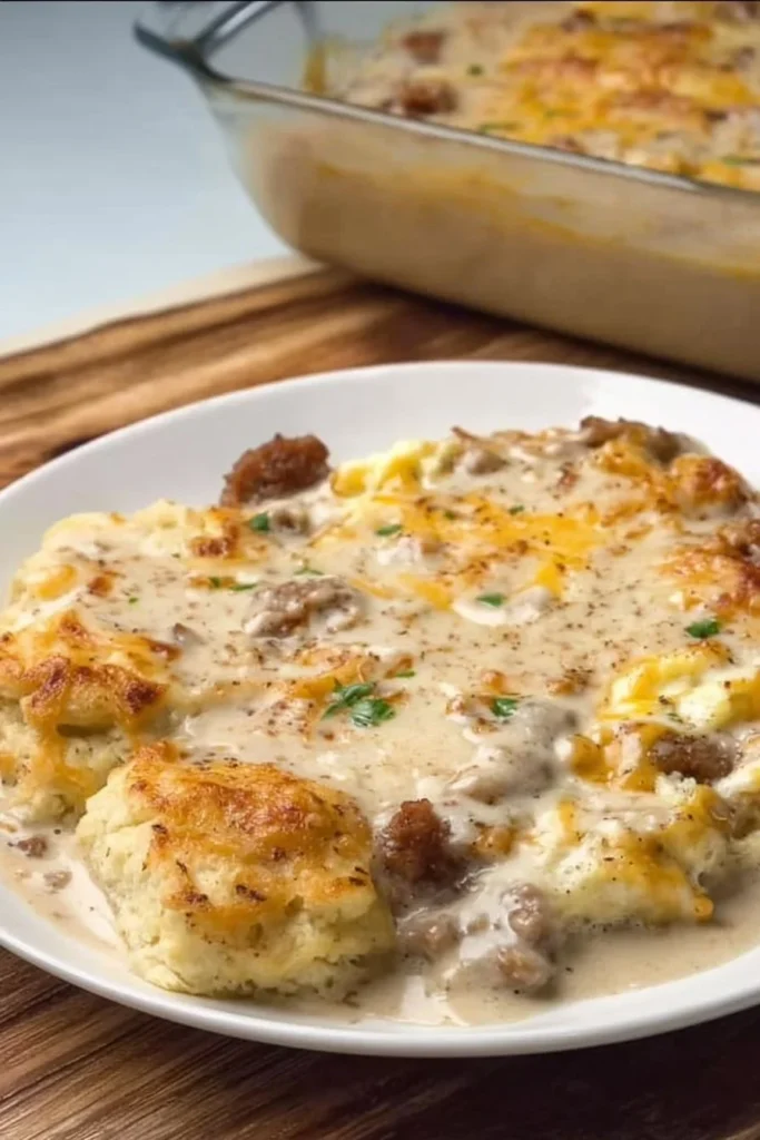 Delicious breakfast casserole with biscuits, gravy, eggs, and sausage