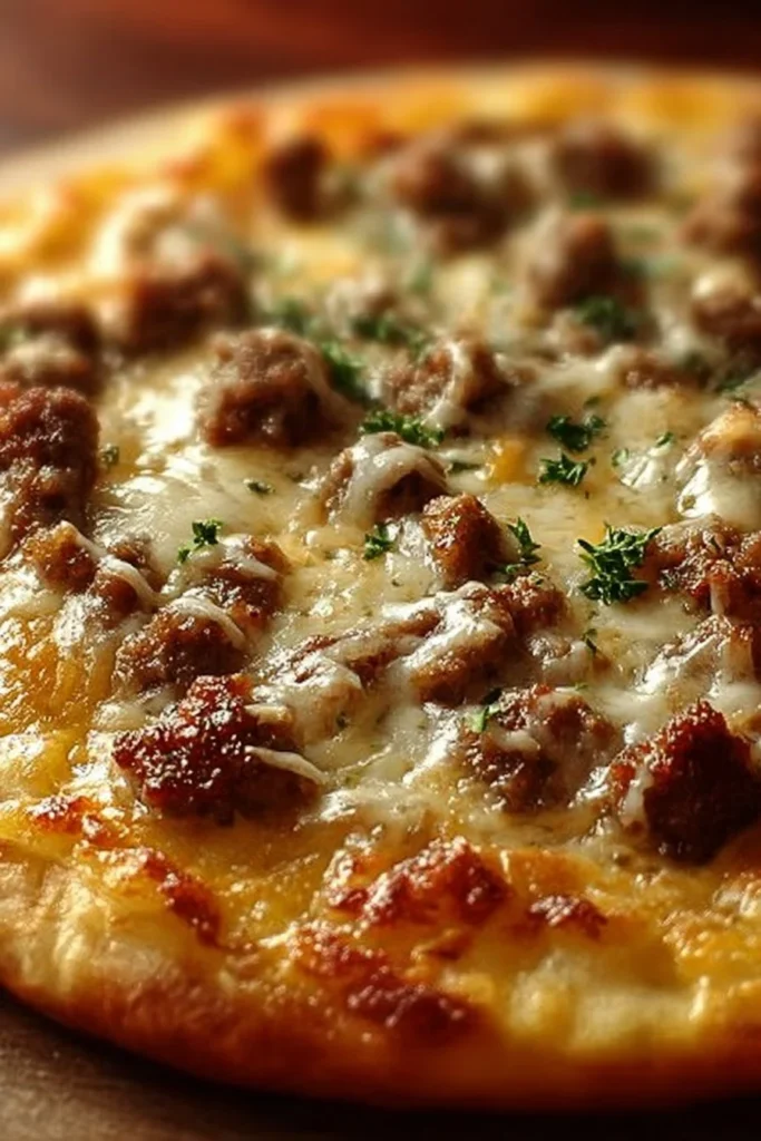 Delicious breakfast pizza topped with biscuits and sausage gravy