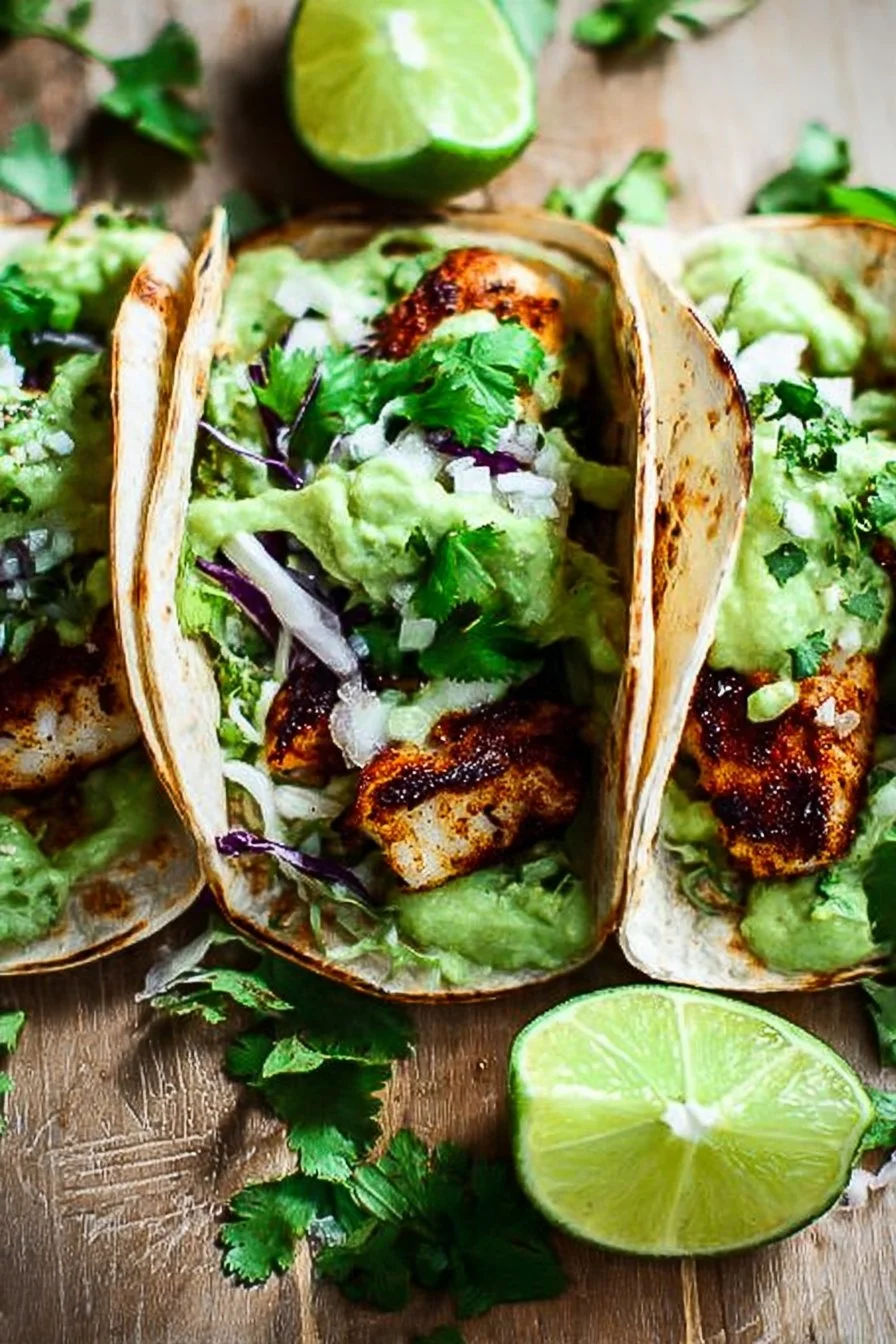 Blackened cod tacos with cilantro avocado sauce served on a plate
