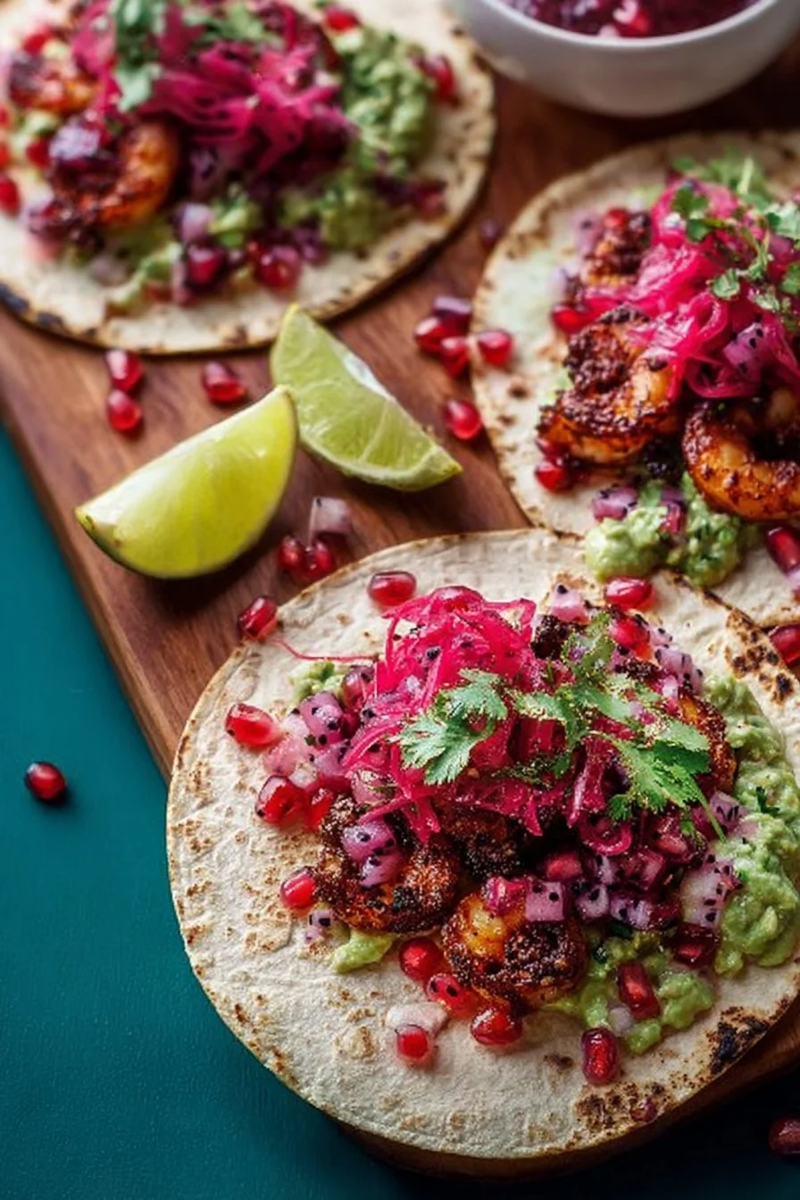 Blackened shrimp tacos served with dragonfruit salsa on a plate