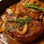 Braised pork chops served with savory onion gravy on a plate