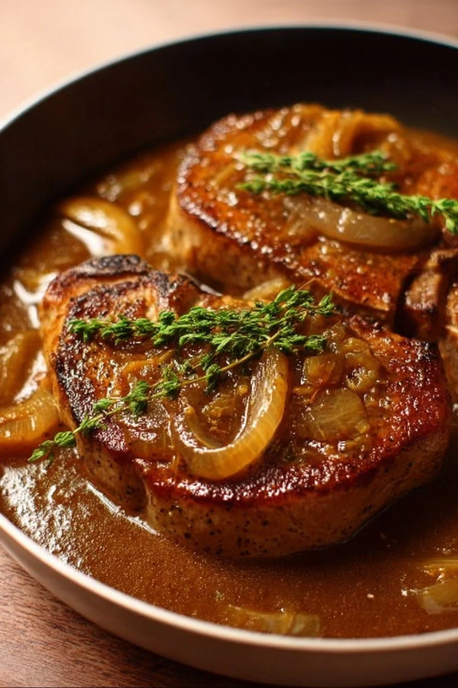 Braised pork chops served with savory onion gravy on a plate