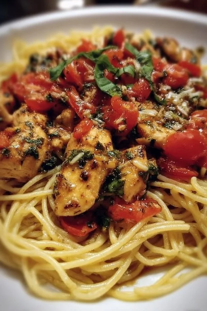 Delicious Bruschetta Chicken Pasta with fresh tomatoes and herbs
