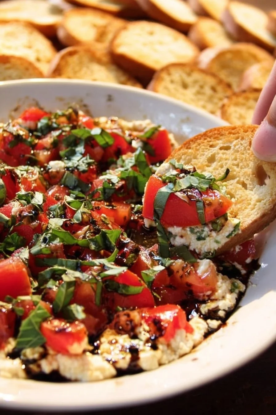 Delicious Bruschetta Dip served in a bowl with fresh tomatoes and basil.