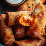 Buffalo Chicken Egg Rolls served with dipping sauce on a plate