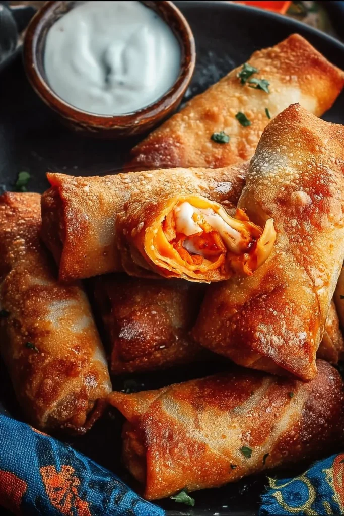 Buffalo Chicken Egg Rolls served with dipping sauce on a plate