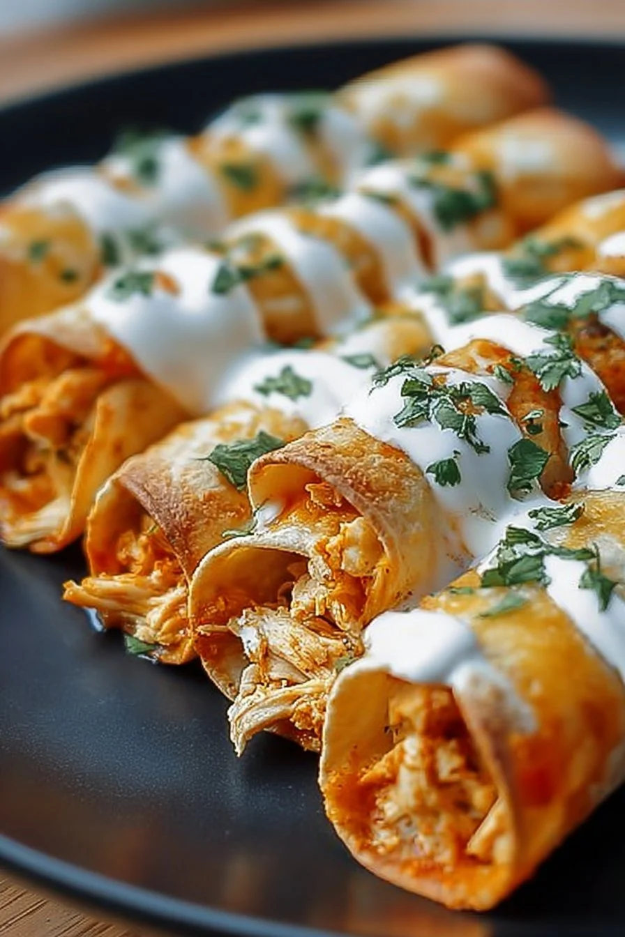 Delicious homemade Buffalo Chicken Taquitos served with dipping sauce