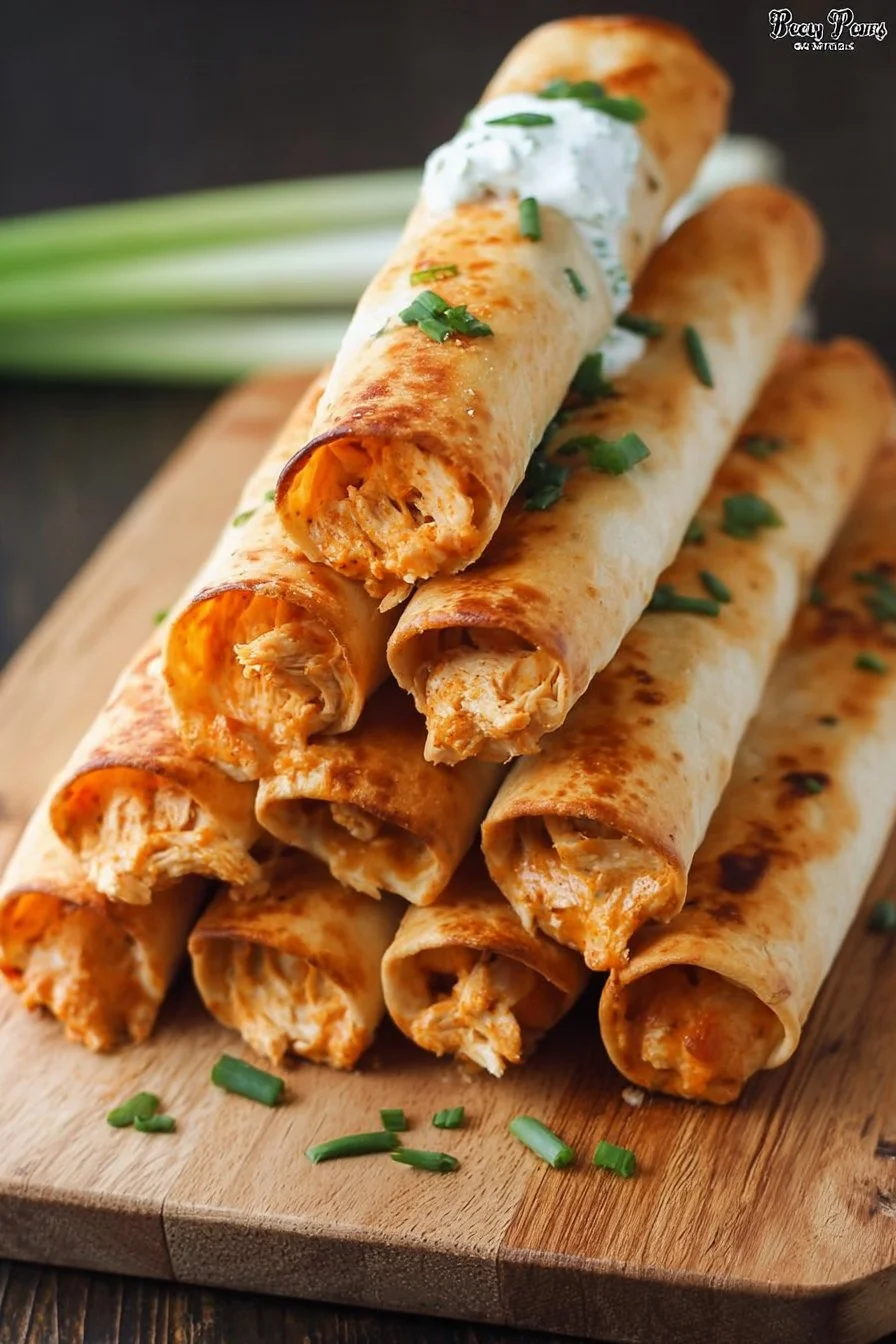 Plate of crispy Buffalo Chicken Taquitos served with dipping sauce.