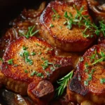 Caramelized onion pork chops served on a plate