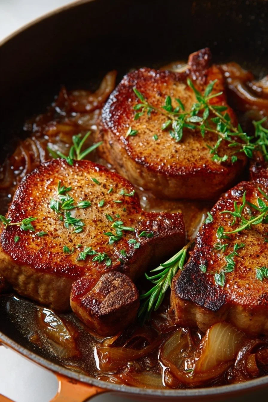 Caramelized onion pork chops served on a plate