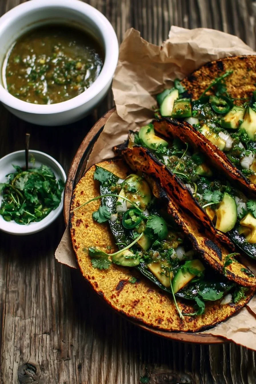 Charred poblano tacos with fresh tomatillo salsa on a serving plate