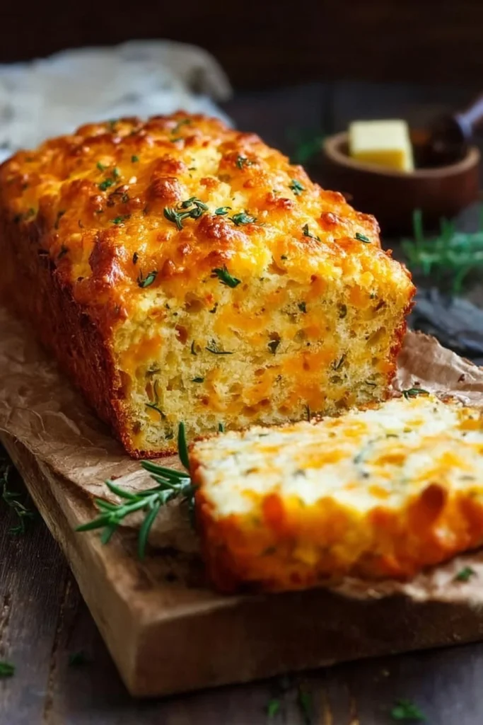 Freshly baked cheddar cheese quick bread ready to be served