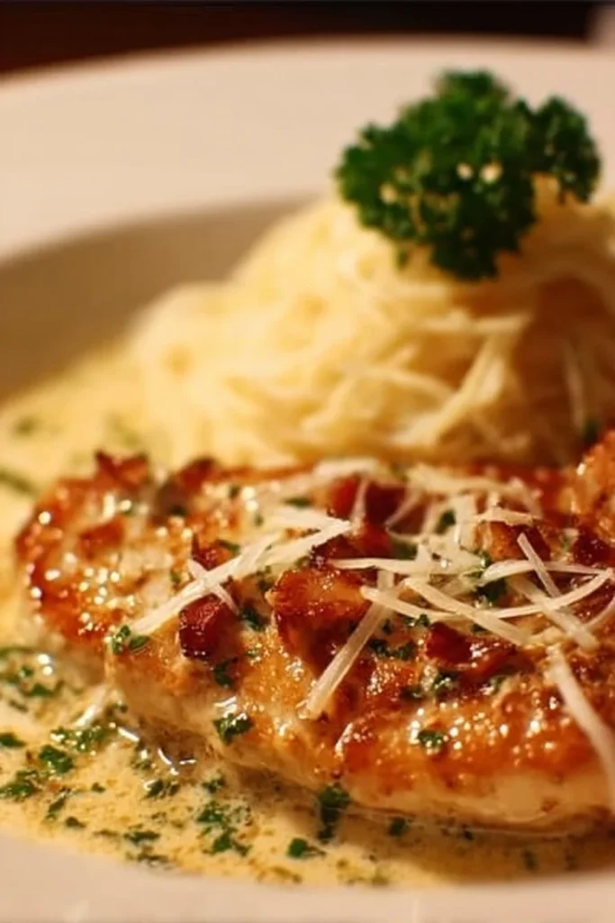 Plate of Cheesecake Factory's Chicken Riesling with vegetables and sauce