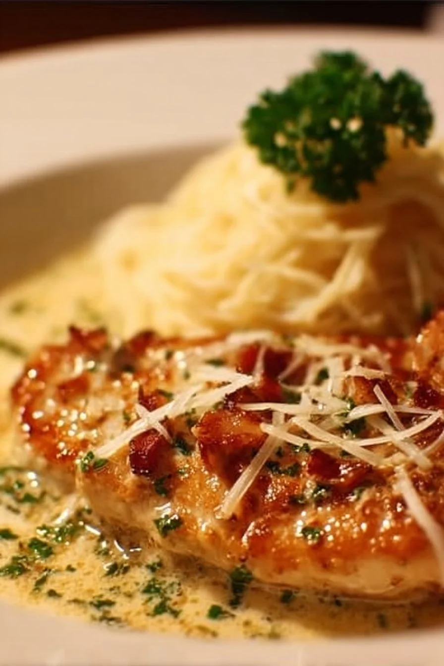 Plate of Cheesecake Factory's Chicken Riesling with vegetables and sauce