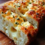 Freshly baked cheesy bread loaf with gooey melted cheese on top
