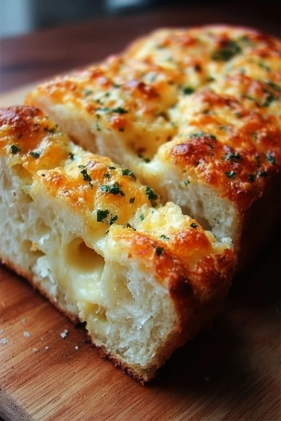 Freshly baked cheesy bread loaf with gooey melted cheese on top
