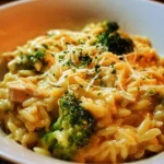 Cheesy Chicken Broccoli Orzo served in a bowl, garnished with fresh herbs.