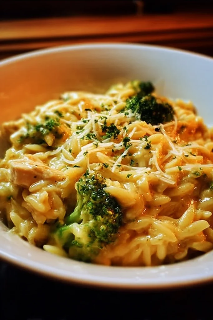 Cheesy Chicken Broccoli Orzo served in a bowl, garnished with fresh herbs.
