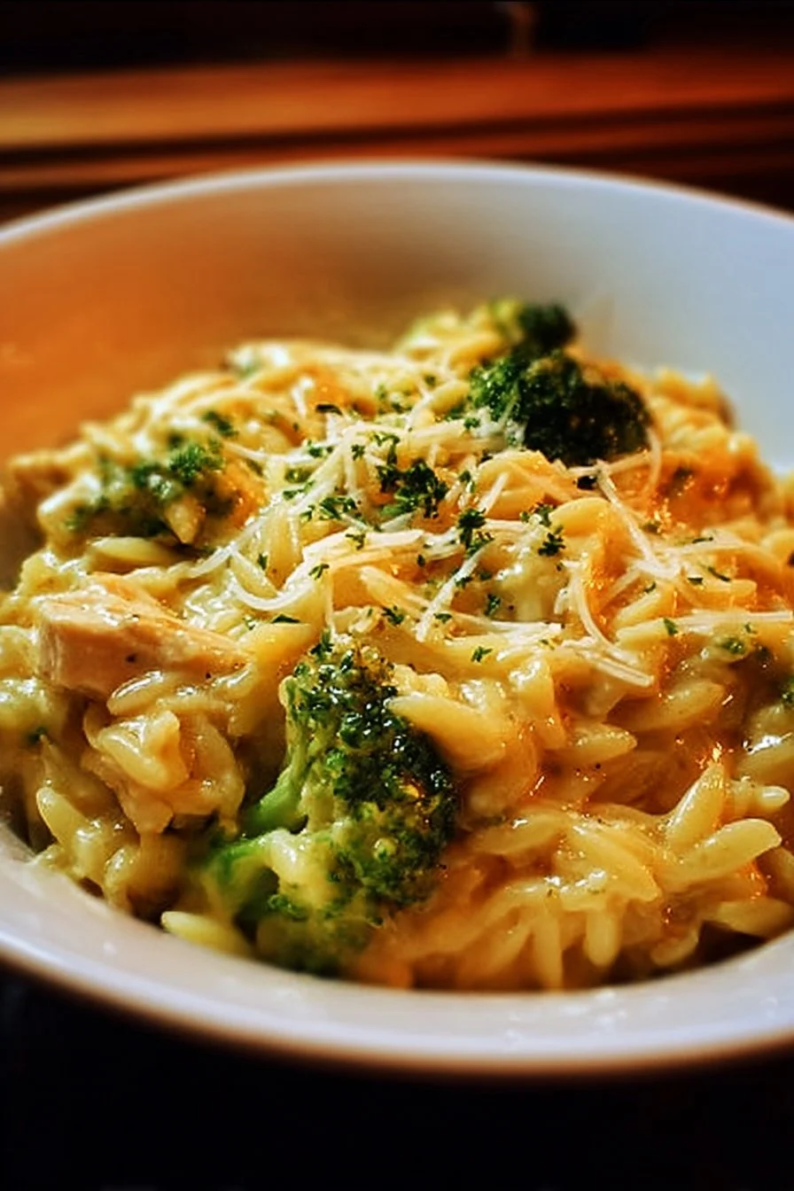 Cheesy Chicken Broccoli Orzo served in a bowl, garnished with fresh herbs.