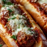 Cheesy meatball subs with melted cheese and juicy meatballs in a toasted bun