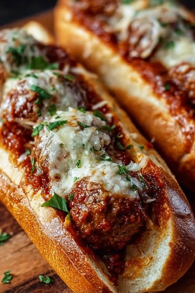 Cheesy meatball subs with melted cheese and juicy meatballs in a toasted bun