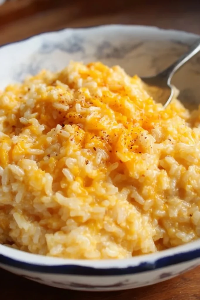 Delicious cheesy rice dish garnished with herbs and served in a bowl