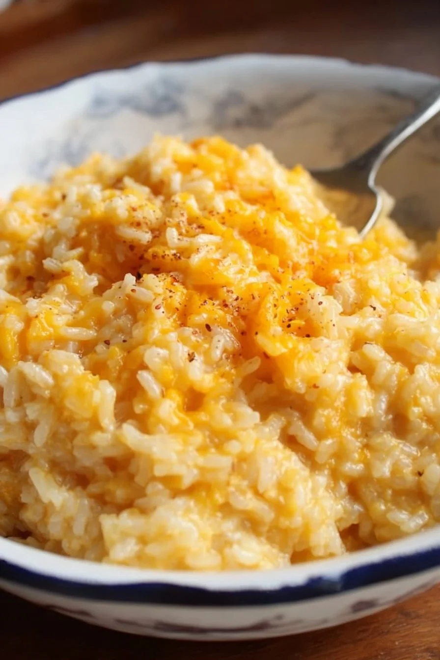 Delicious cheesy rice dish garnished with herbs and served in a bowl