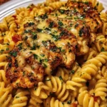 Cheesy rotini dish with garlic parmesan chicken for a tasty dinner