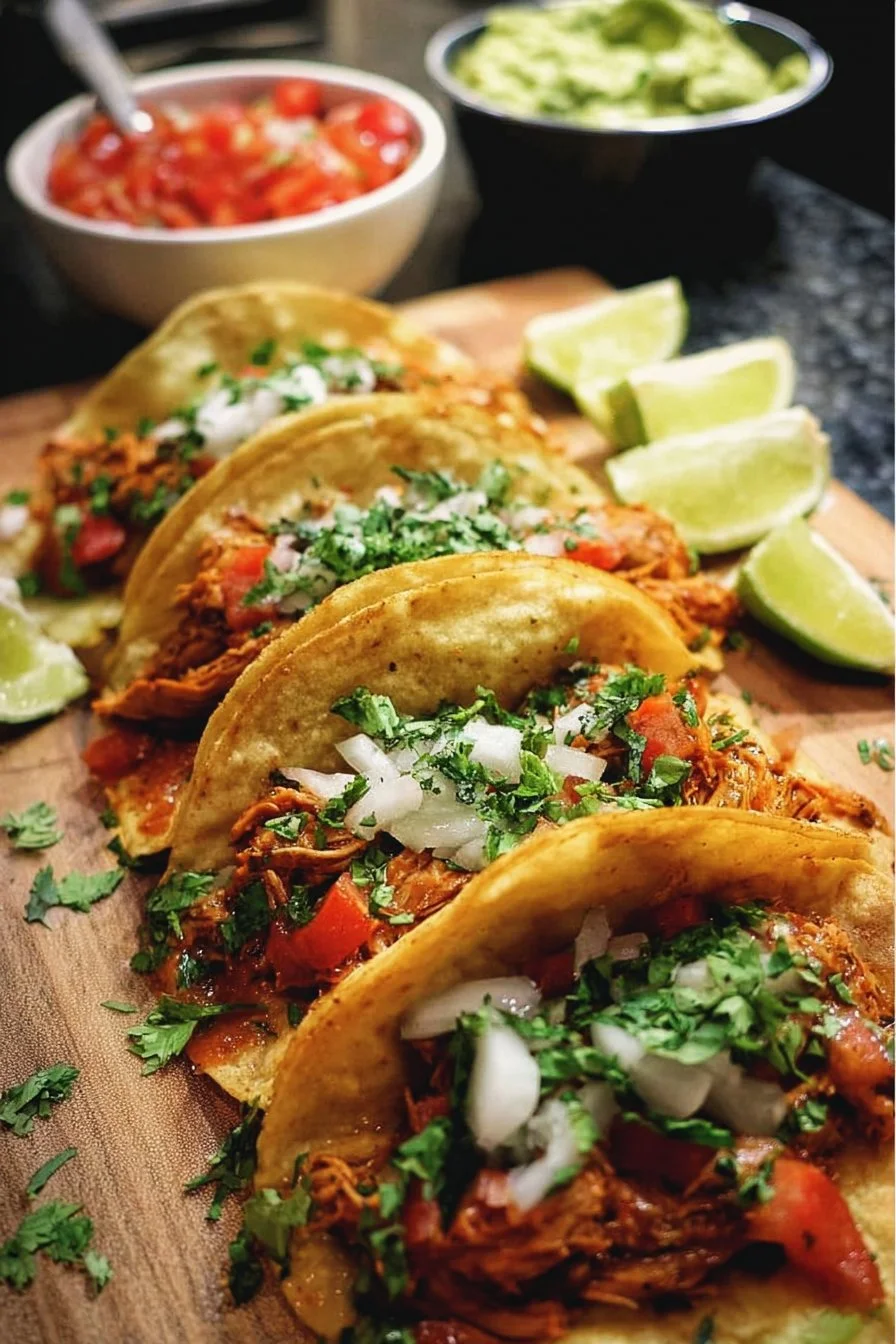 Tender Chicken Carnitas-style tacos with fresh toppings for a delicious meal