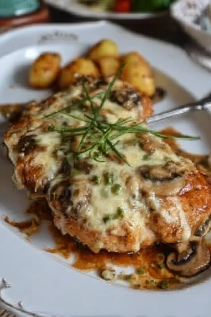 Delicious Chicken Lombardy with mushrooms and cheese garnished on a plate.