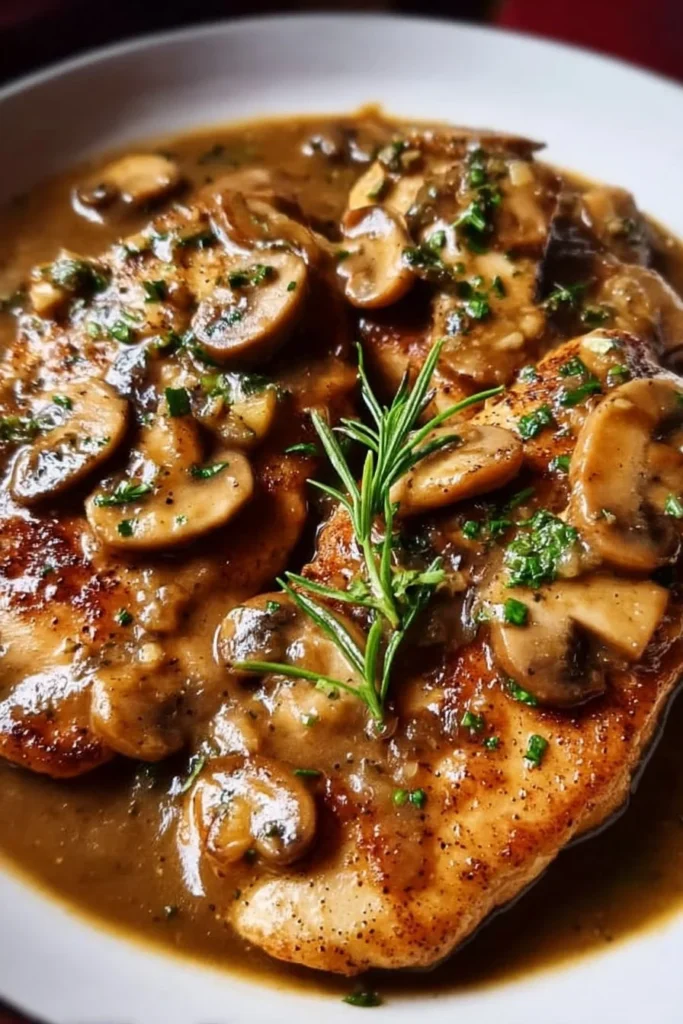 Delicious Chicken Marsala served with mushrooms and a savory wine sauce.