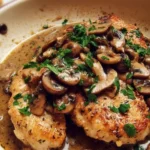 Plate of Chicken Marsala with mushrooms and a wine sauce, served with pasta.