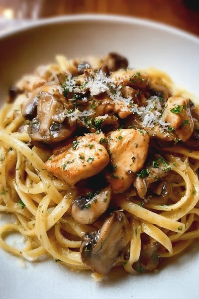 Plate of Chicken Marsala Pasta garnished with parsley and served with garlic bread.