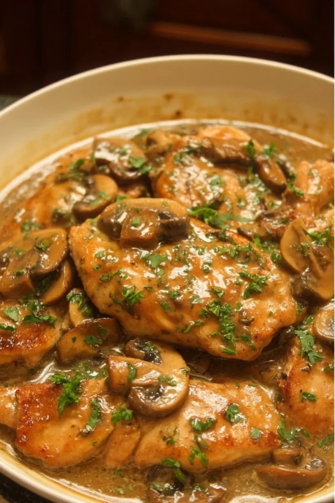 Delicious Chicken Marsala served with mushrooms and creamy sauce on a plate