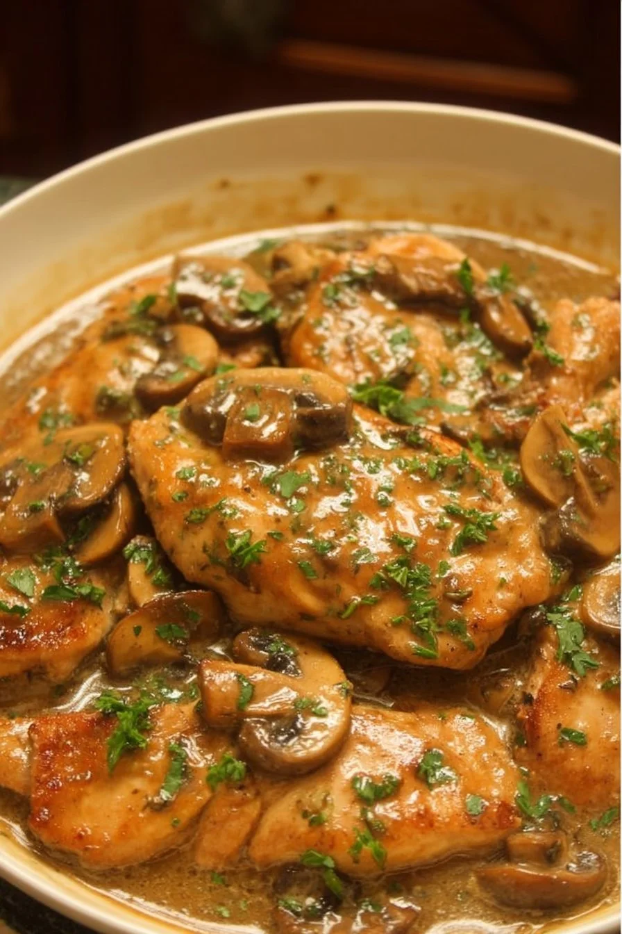 Delicious Chicken Marsala served with mushrooms and creamy sauce on a plate