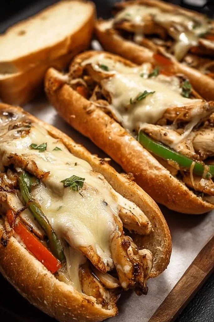 Chicken Philly Cheese Steaks with melted cheese and fresh toppings