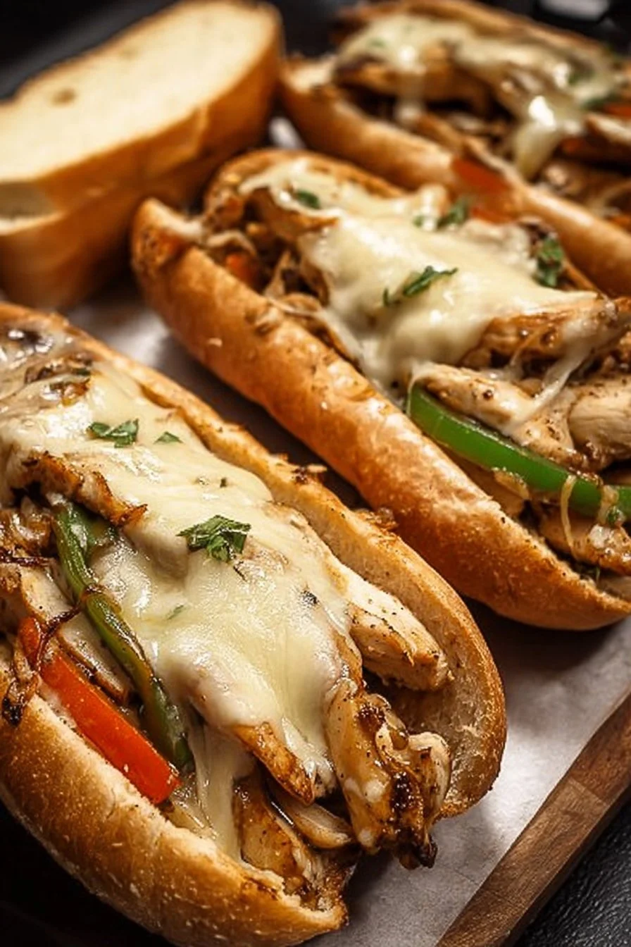 Chicken Philly Cheese Steaks with melted cheese and fresh toppings