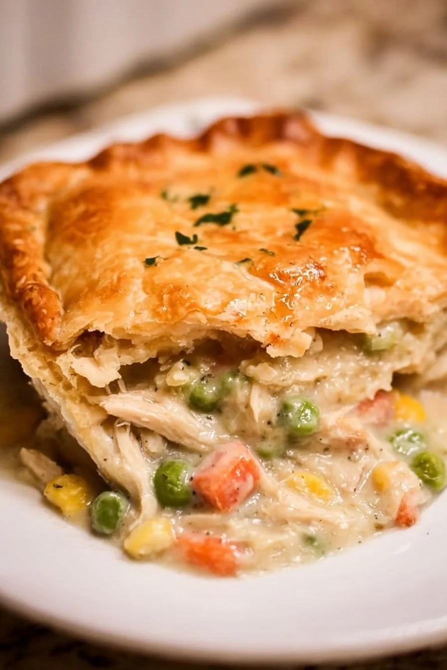 Delicious homemade Chicken Pot Pie with a golden flaky crust and hearty filling.